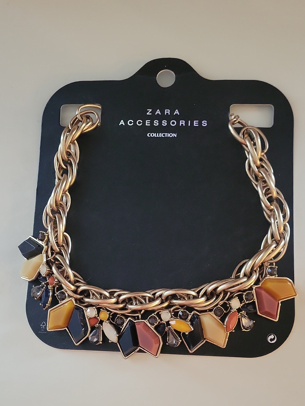 Zara Accessories Gold-Tone Chain Necklace with Multicolor Gem Charms